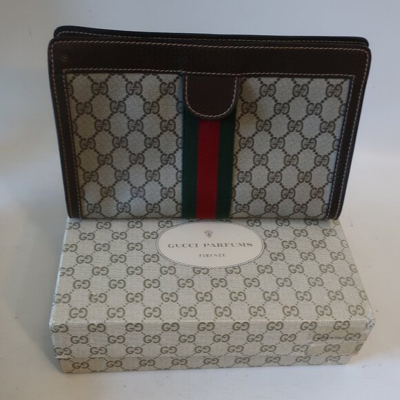 Authentic Gucci Parfums Guccissima Taupe Brown Green Red Web Zip Clutch Handbag - Picture 2 of 16